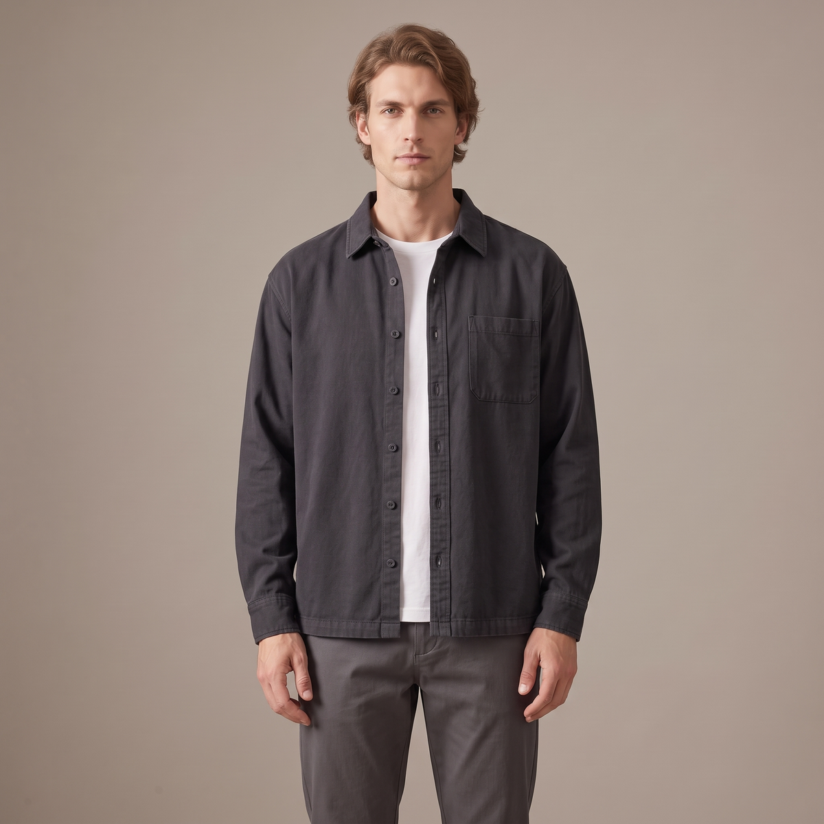 Men's washed cotton overshirt in charcoal, front view