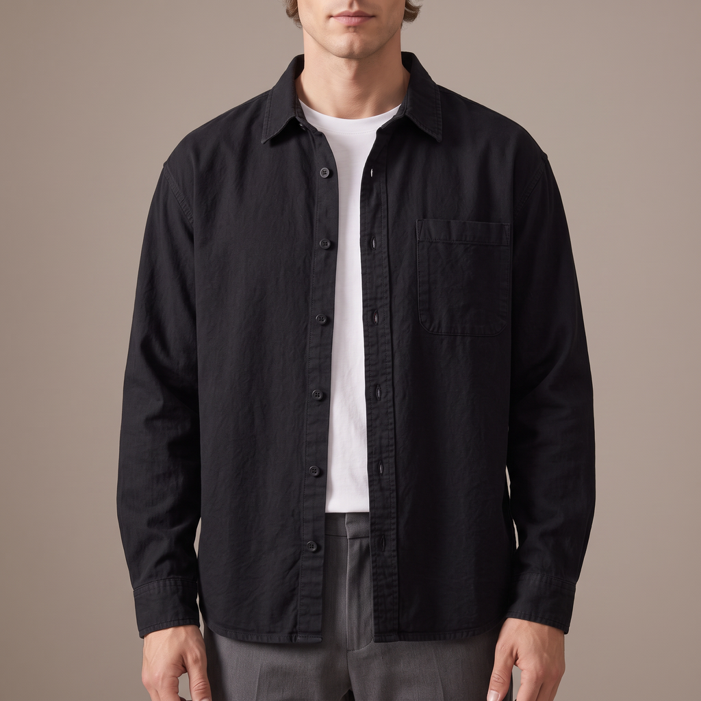 Close-up of the washed cotton and chest pocket, in black