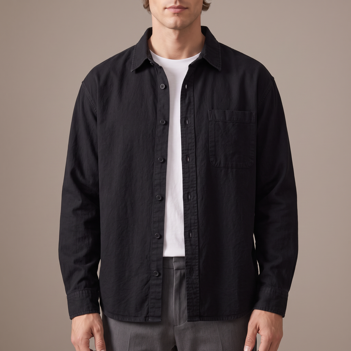 Close-up of the washed cotton and chest pocket, in black