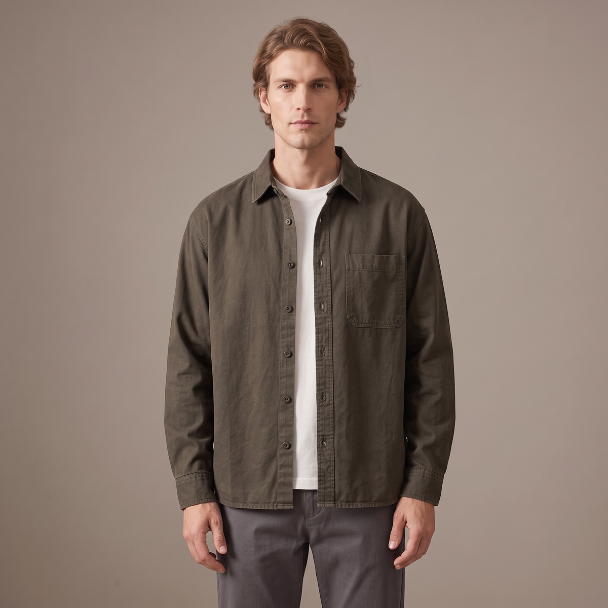 Men's washed cotton overshirt in olive, front view