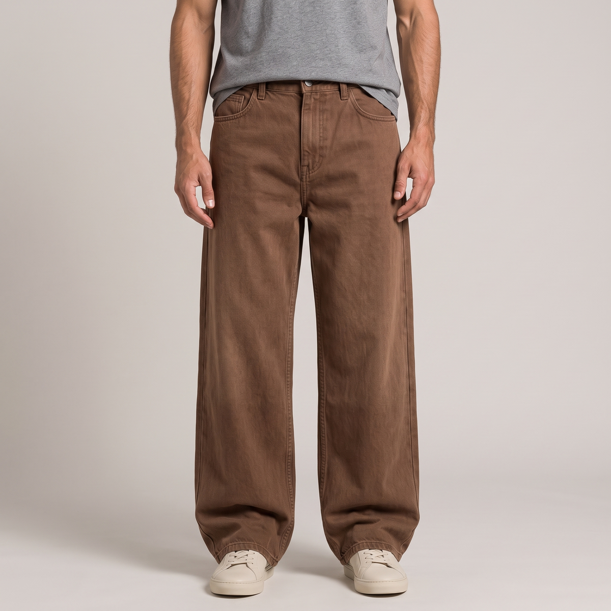 Men's washed cotton wide leg jeans in brown, front view