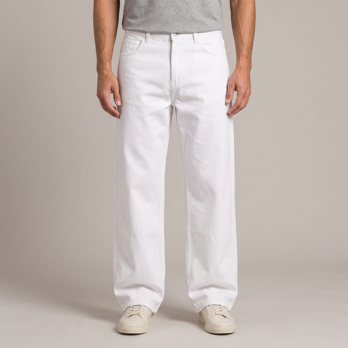 Men's washed cotton wide leg jeans in white, front view