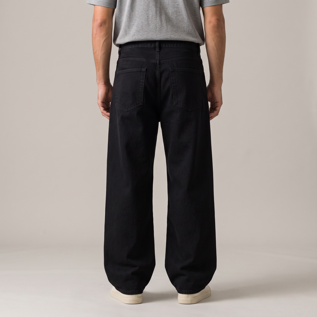 Men's washed cotton wide leg jeans in black, back view
