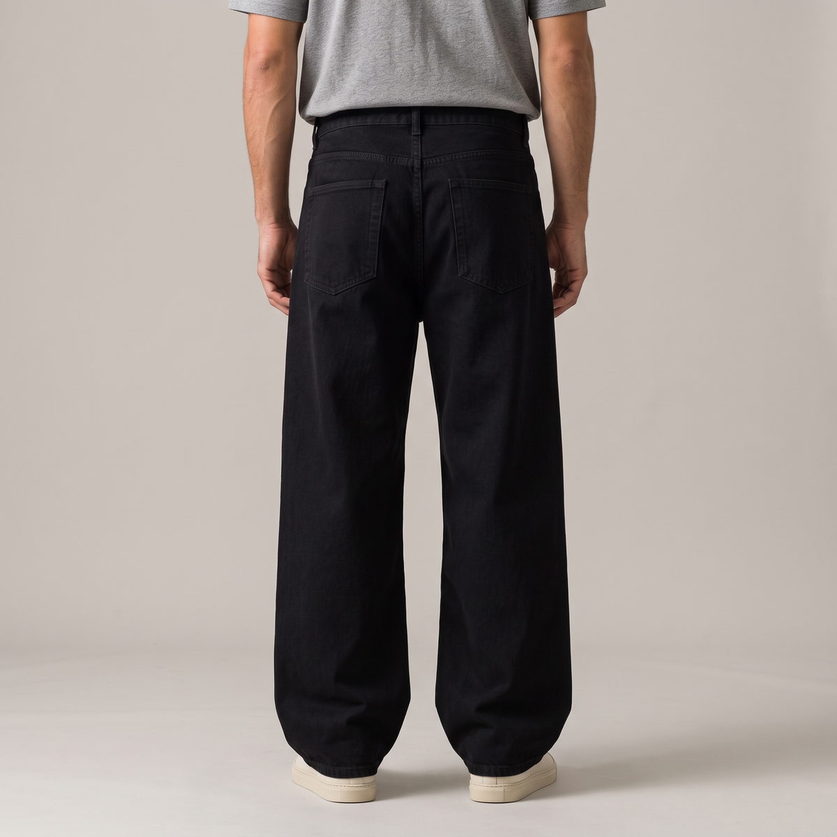 Men's washed cotton wide leg jeans in black, back view