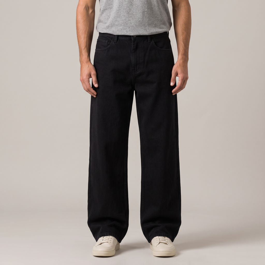 Men's washed cotton wide leg jeans in black, front view