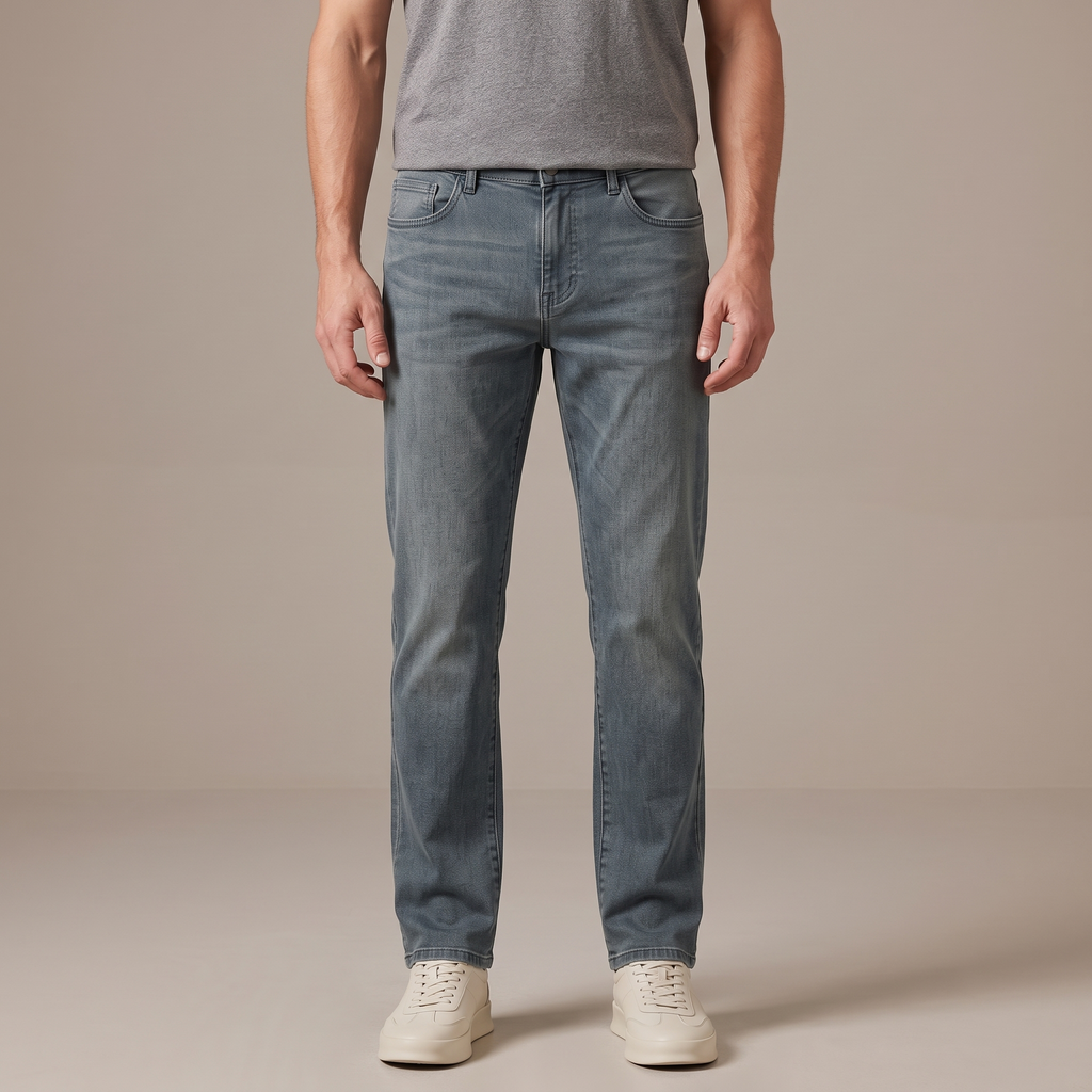 Men's stretch cotton straight leg jeans in blue grey, front view