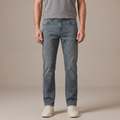 Men's stretch cotton straight leg jeans in blue grey, front view