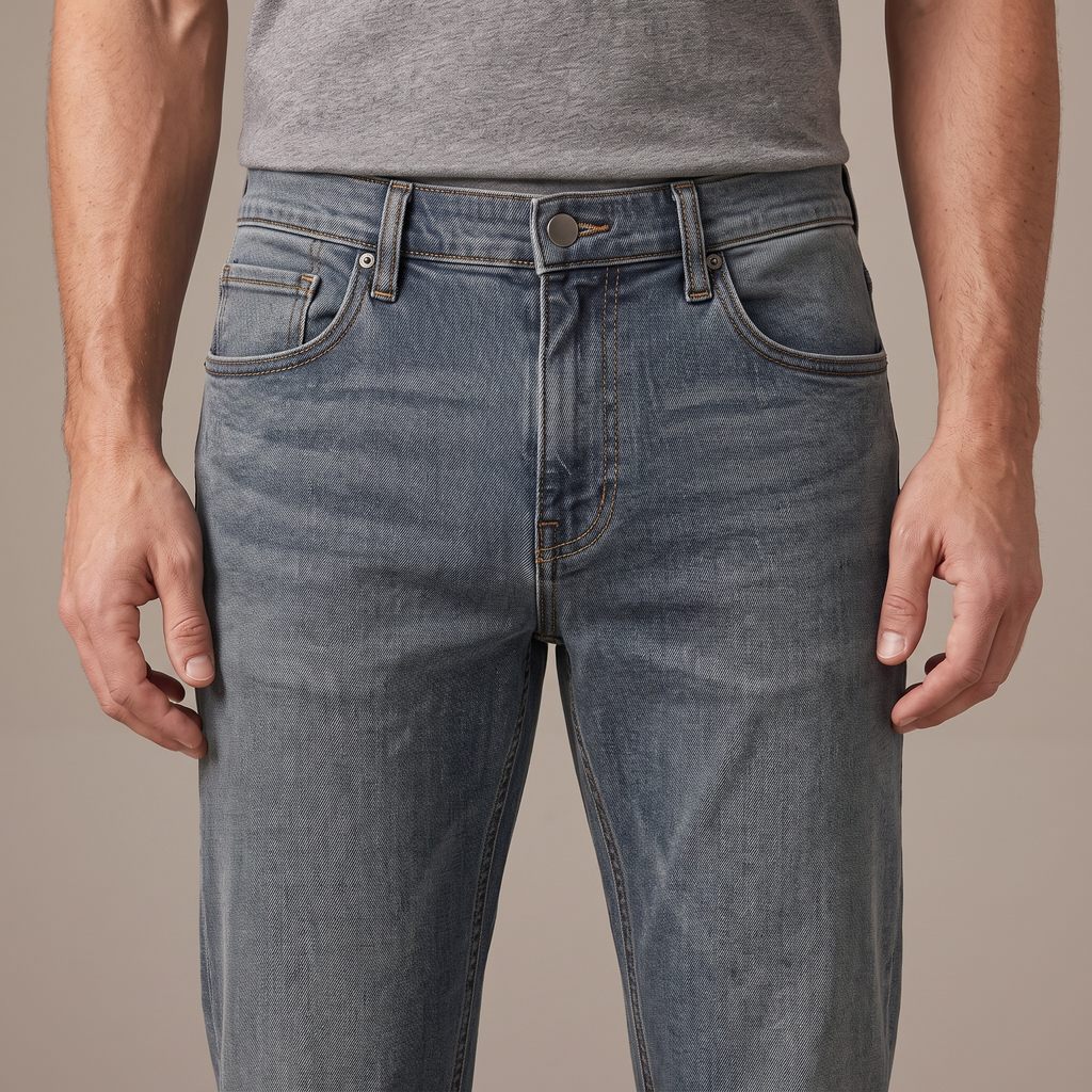 Close-up of the waistband, fly and front pocket, in blue grey