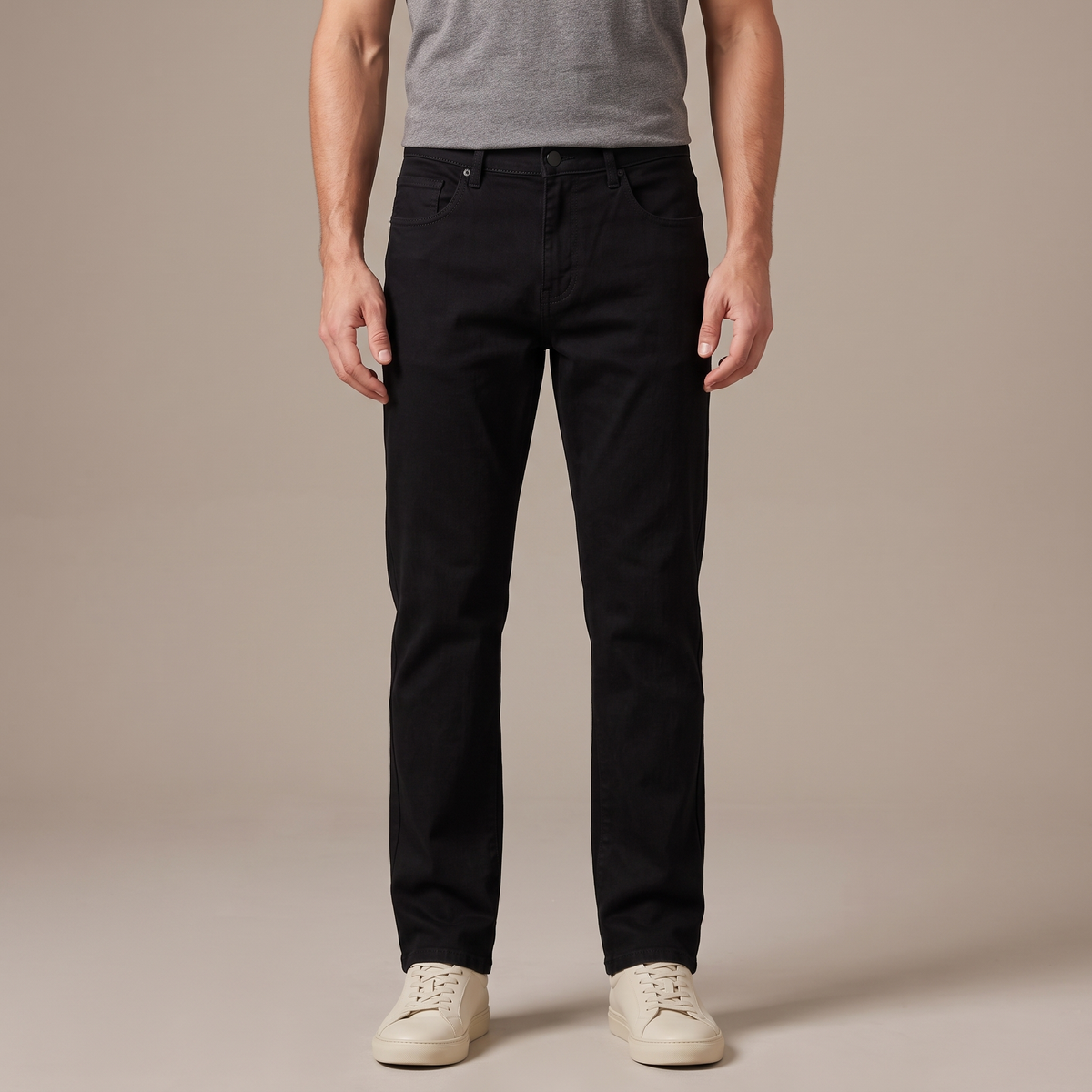Men's stretch cotton straight leg jeans in black, front view