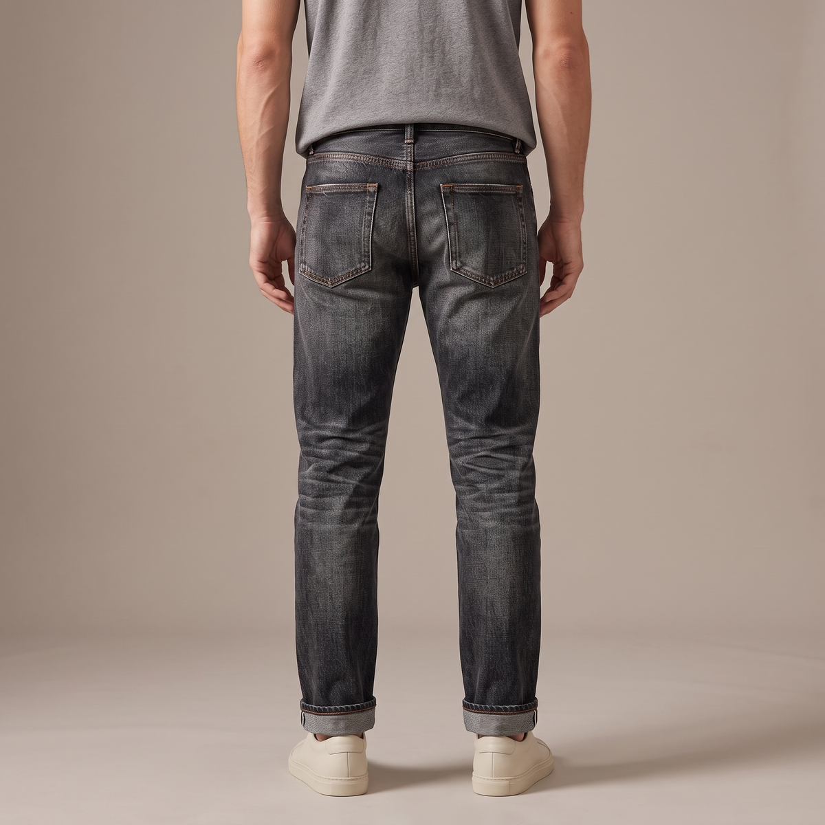 Men's 16oz selvedge jeans in washed black, back view