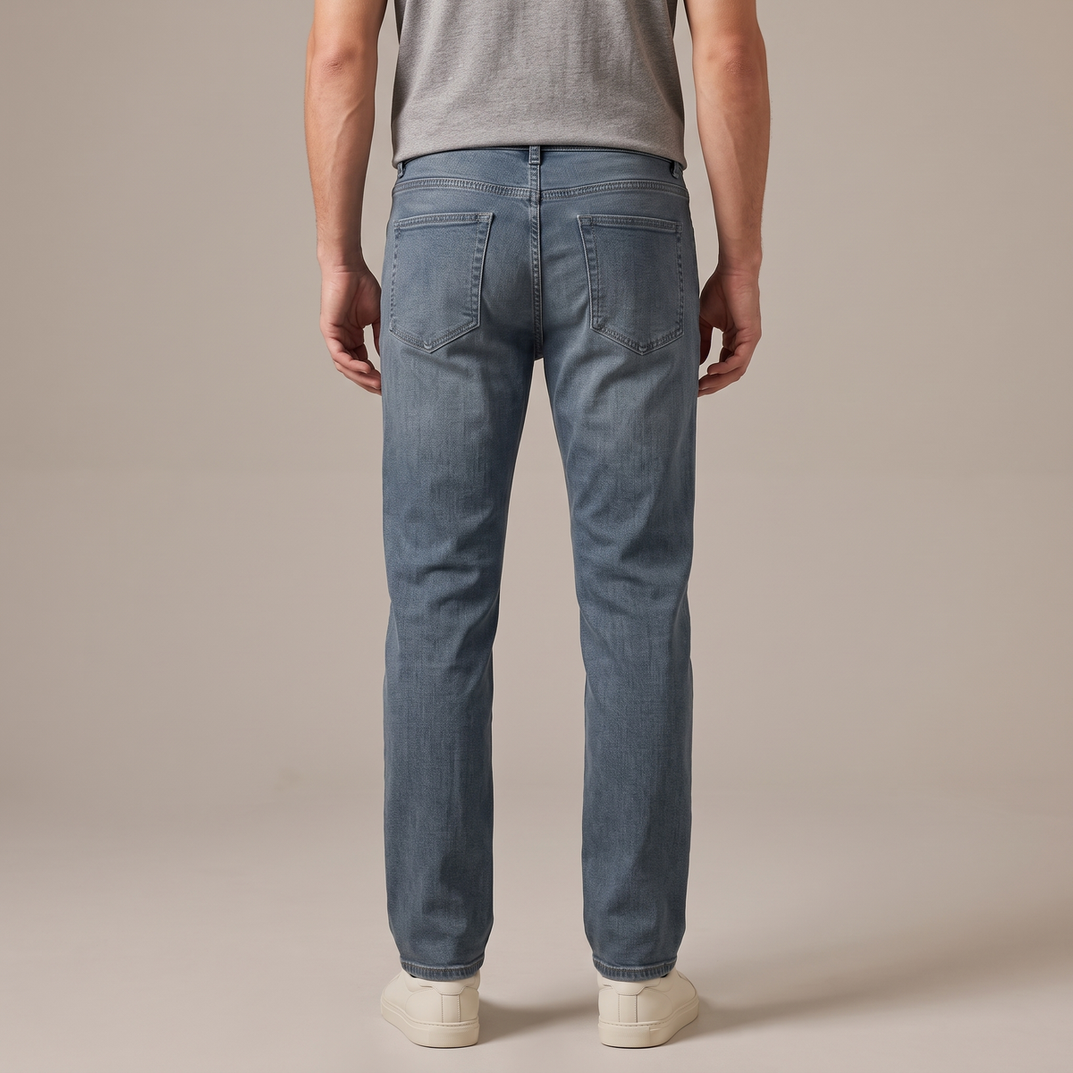 Men's stretch cotton straight leg jeans in blue grey, back view