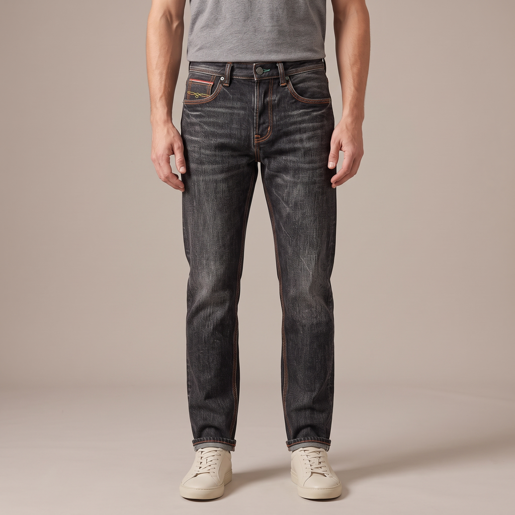Men's 16oz selvedge jeans in washed black, front view