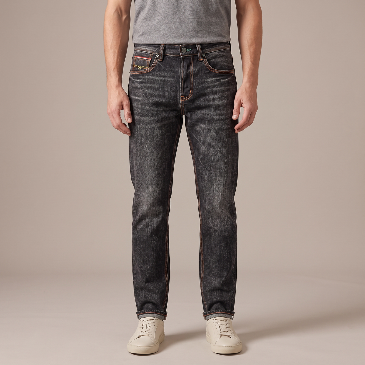 Men's 16oz selvedge jeans in washed black, front view