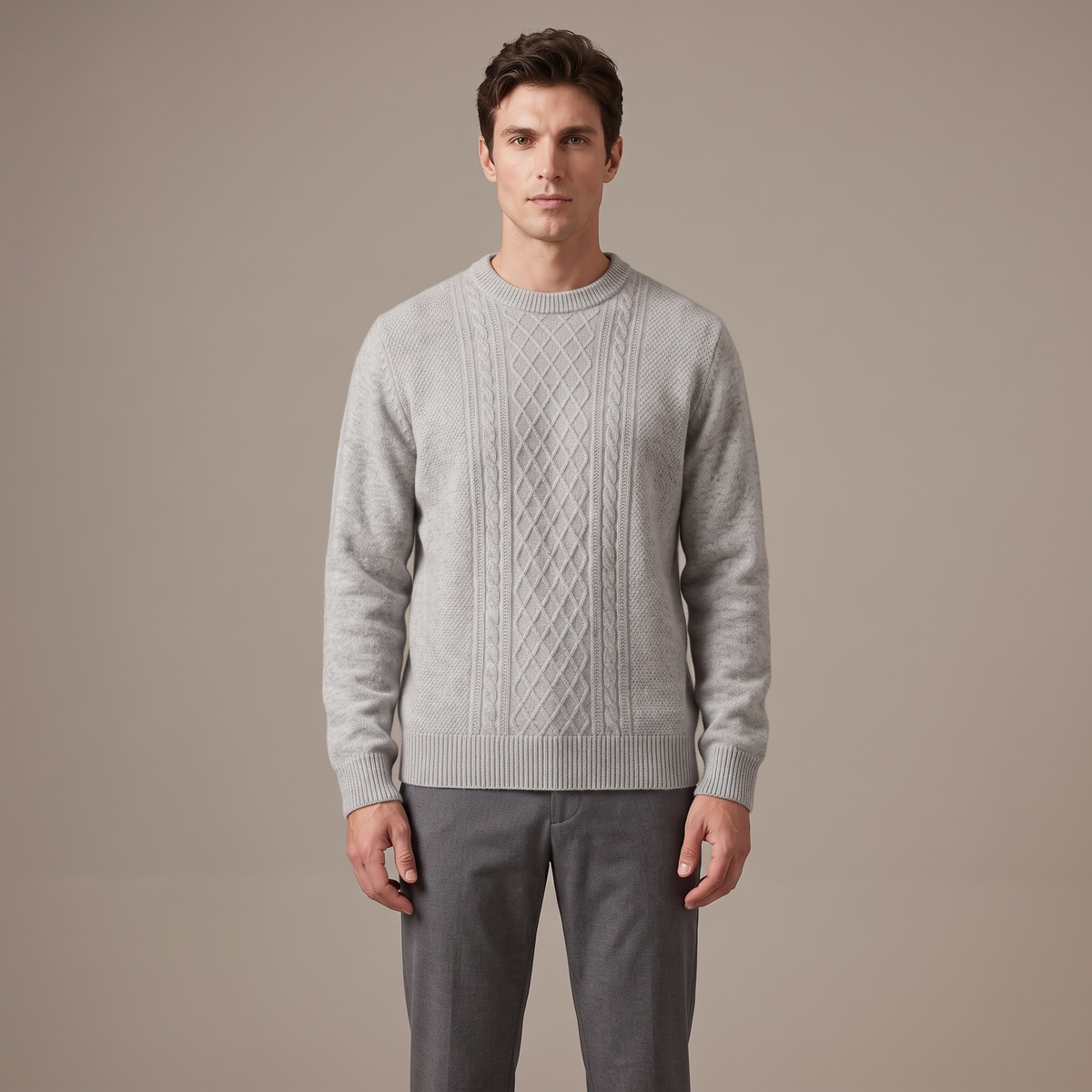 Men's merino wool cable knit jumper in light grey, front view