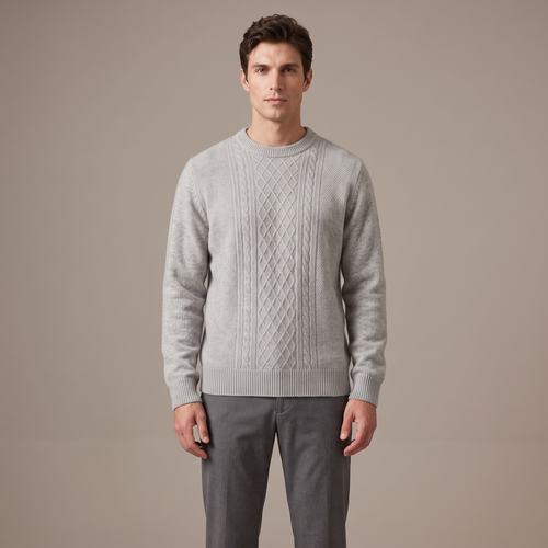 Men's merino wool cable knit jumper in light grey, front view