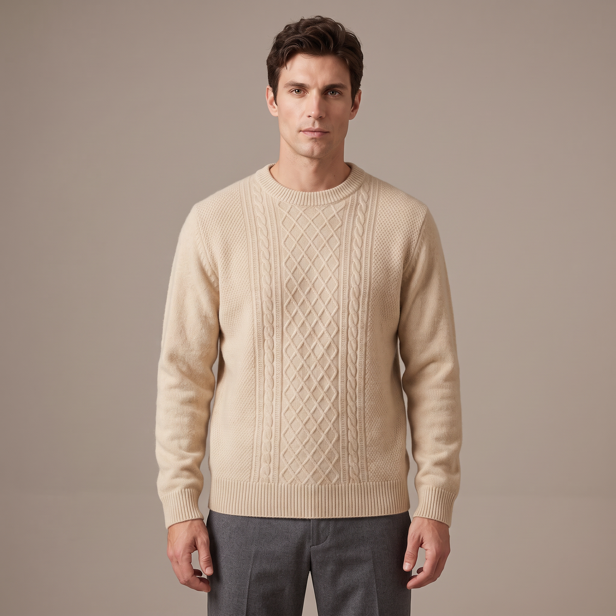 Men's merino wool cable knit jumper in beige, front view