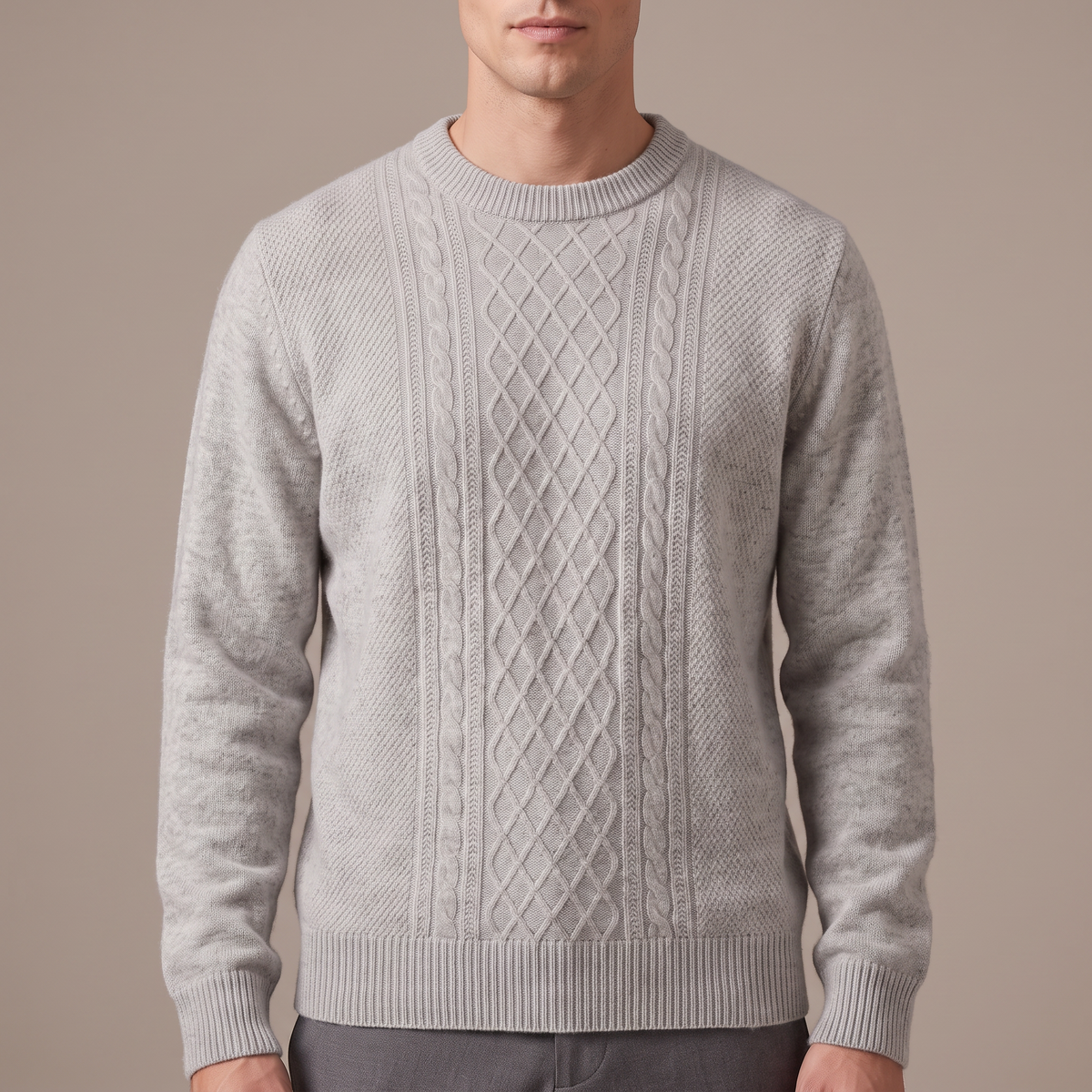 Close-up of the cable and diamond lattice knit in light grey
