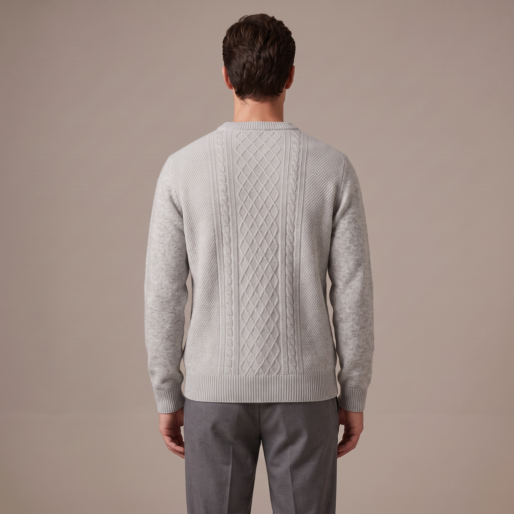 Men's merino wool cable knit jumper in light grey, back view
