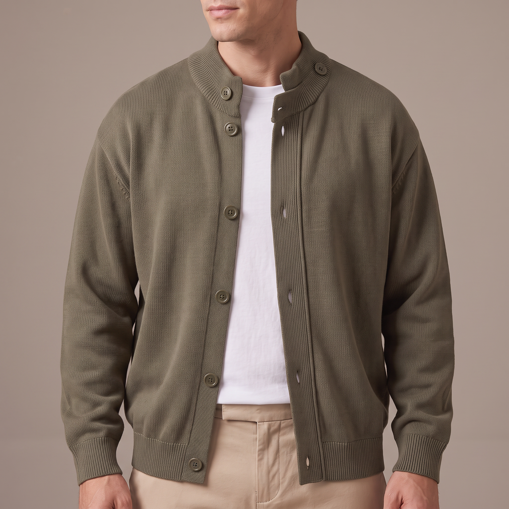 Men's cotton cardigan in olive, collar and button detail