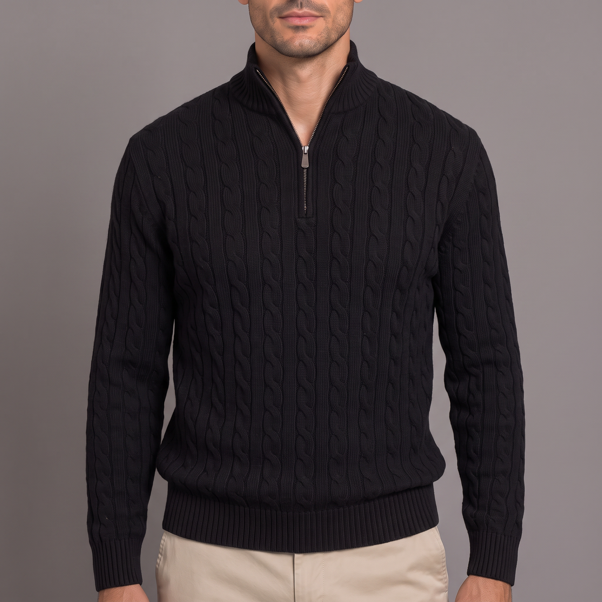 Men's cable knit half-zip jumper in black, cable and zip detail