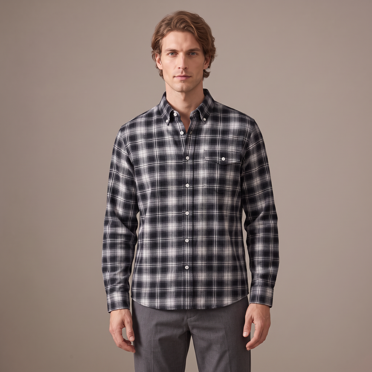 Men's brushed cotton flannel shirt in black and white check, front view