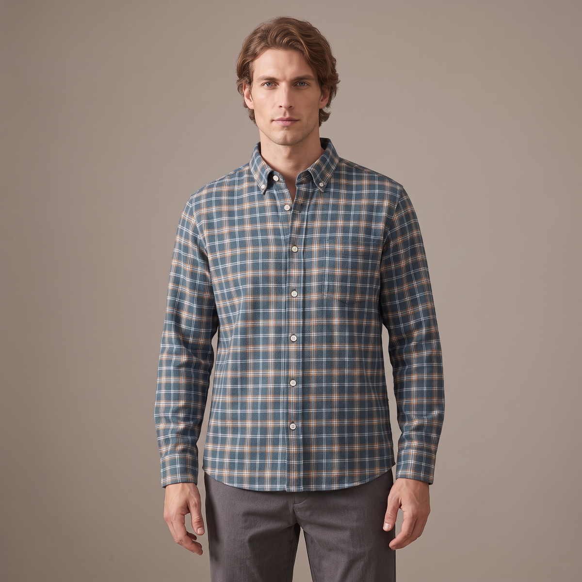 Men's brushed cotton flannel shirt in dark green check, front view