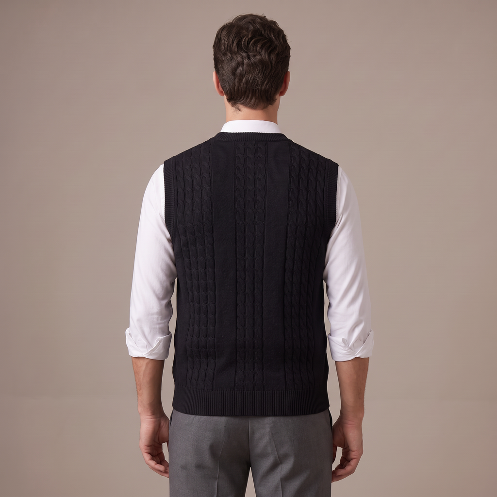 Back view of the knitted sleeveless vest in black
