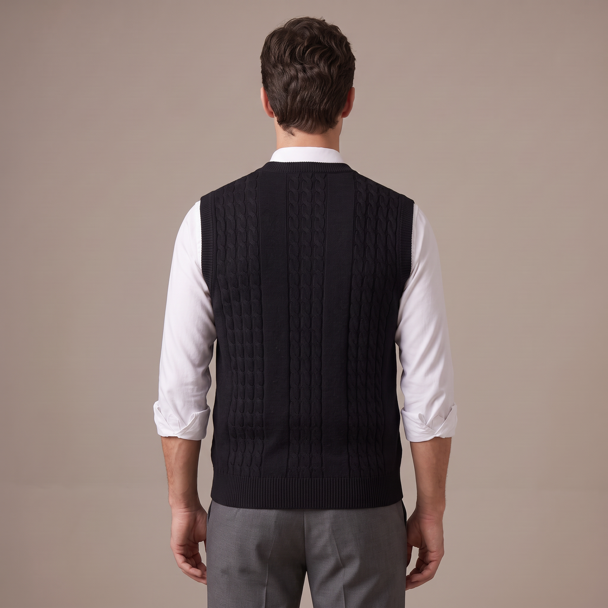 Back view of the knitted sleeveless vest in black