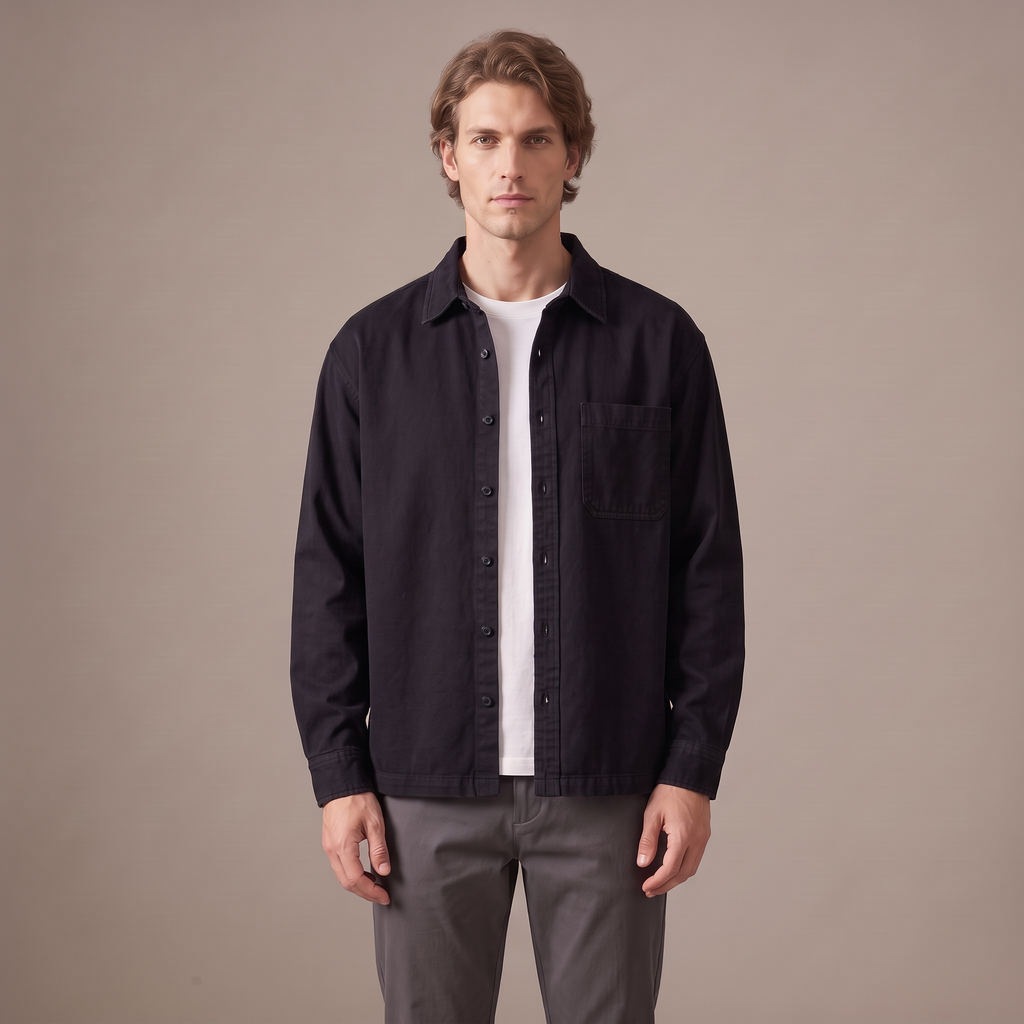 Men's washed cotton overshirt in black, front view
