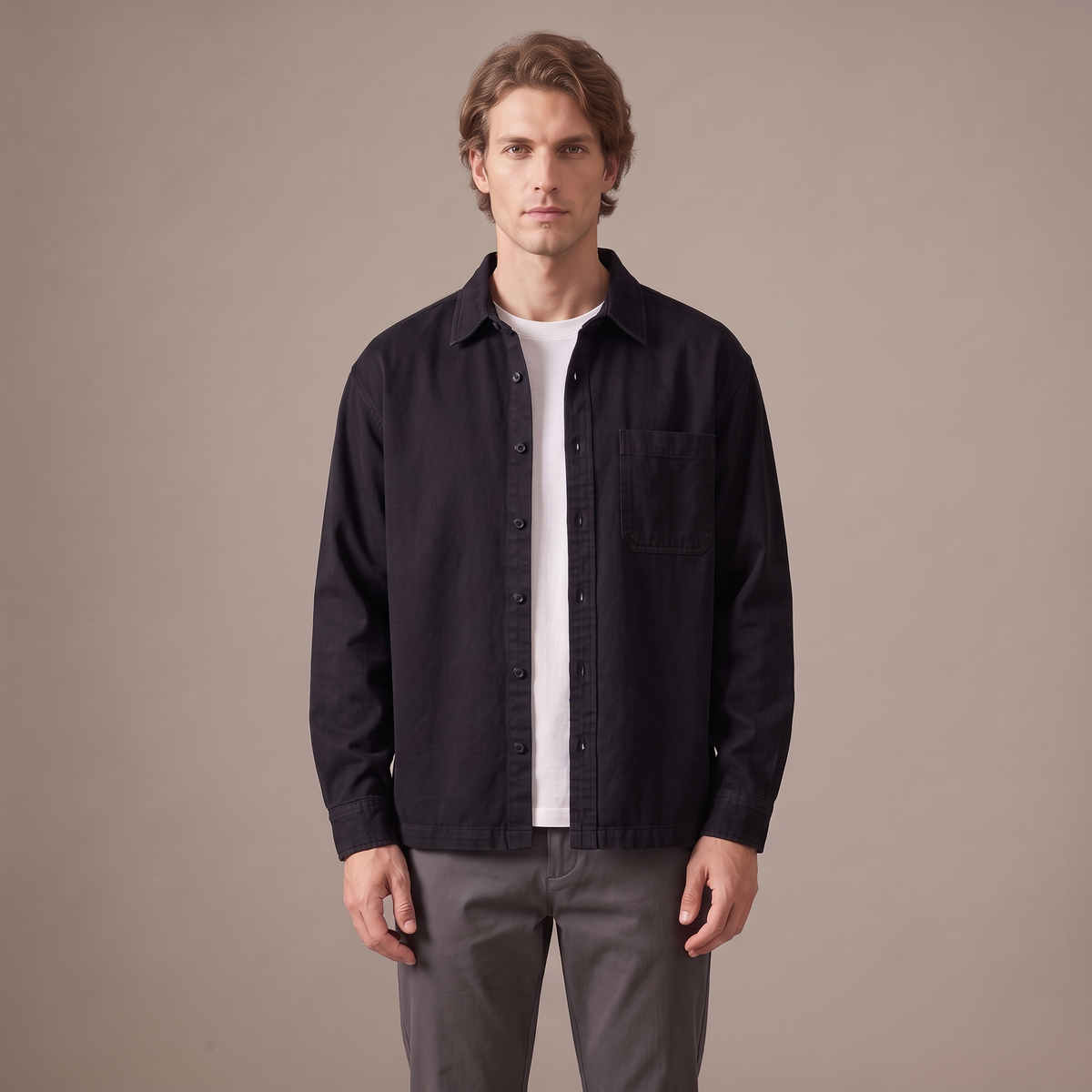 Men's washed cotton overshirt in black, front view
