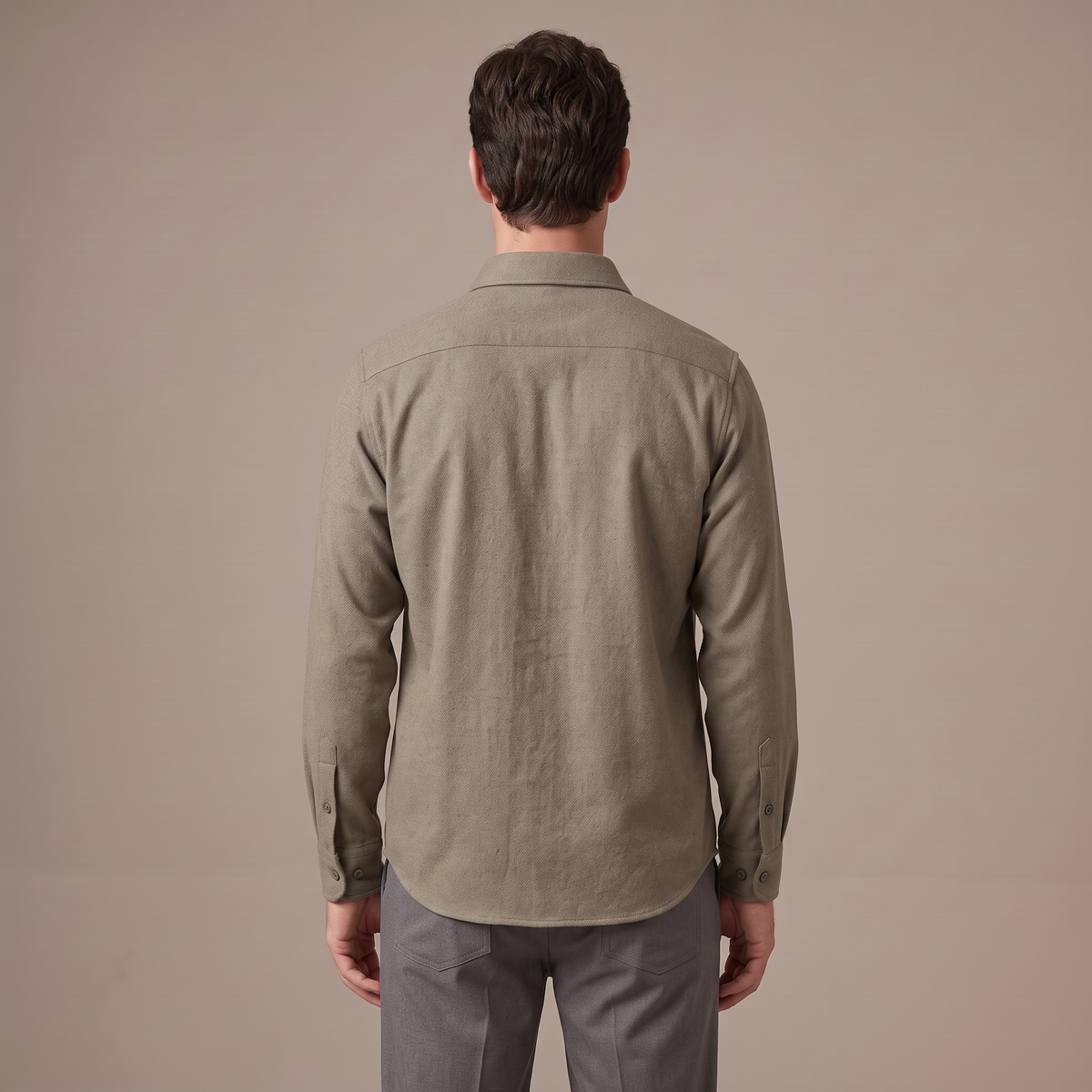Men's double brushed wool blend shirt in khaki, back view