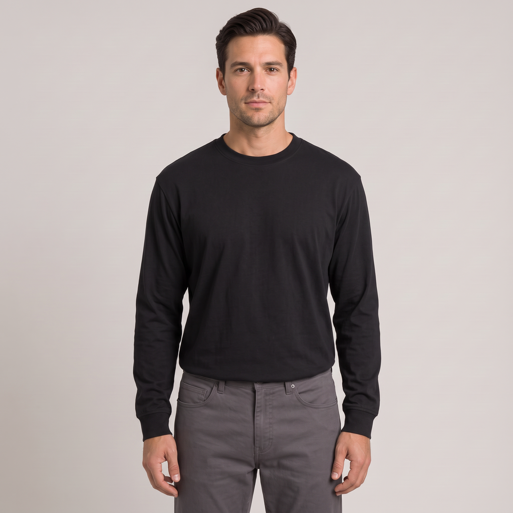 Men's black 230gsm combed cotton long sleeve t-shirt, front view