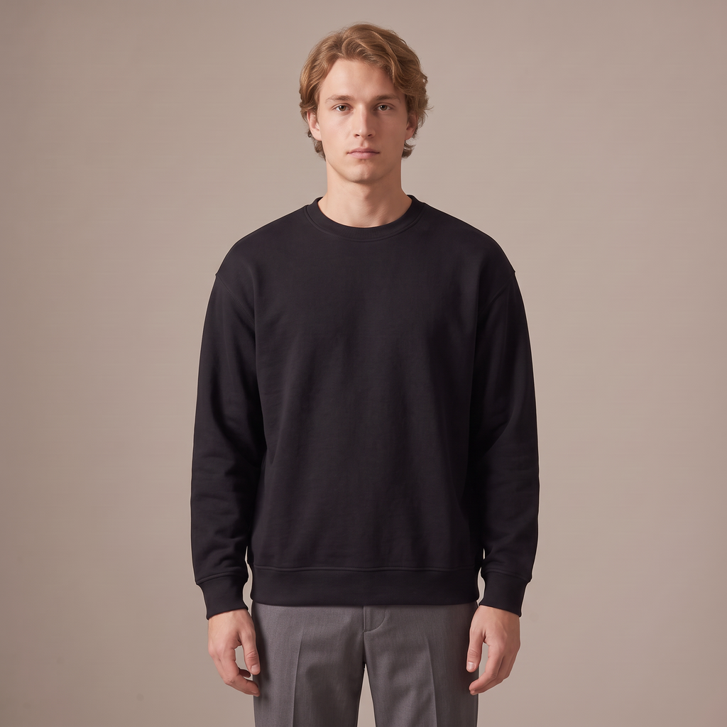 Men's black 380gsm oversized terry sweatshirt, front view