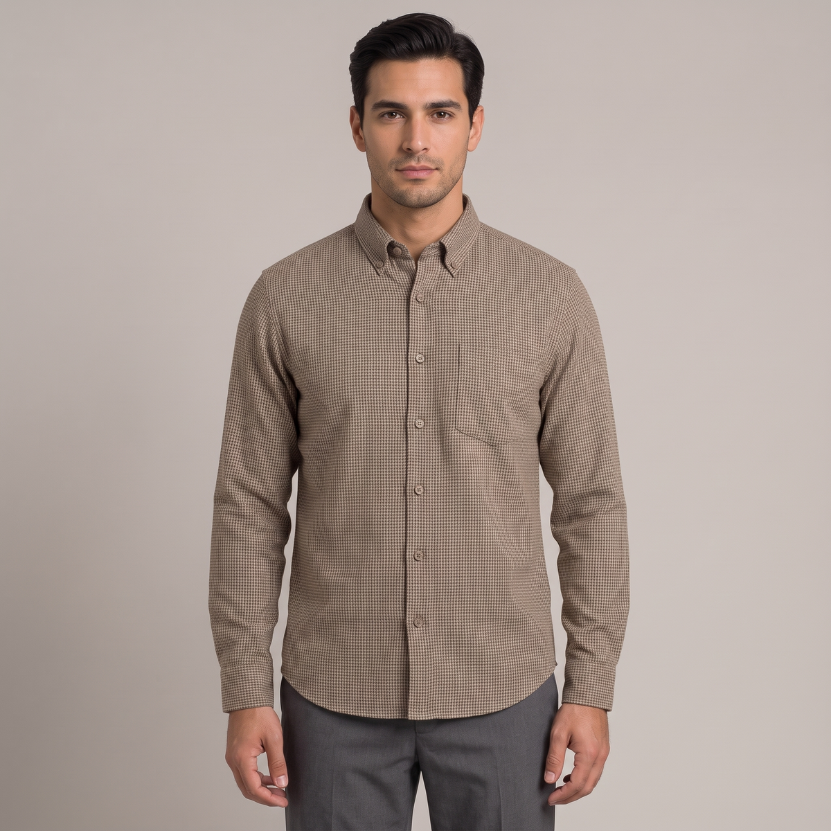 Men's houndstooth shirt in brown, front view