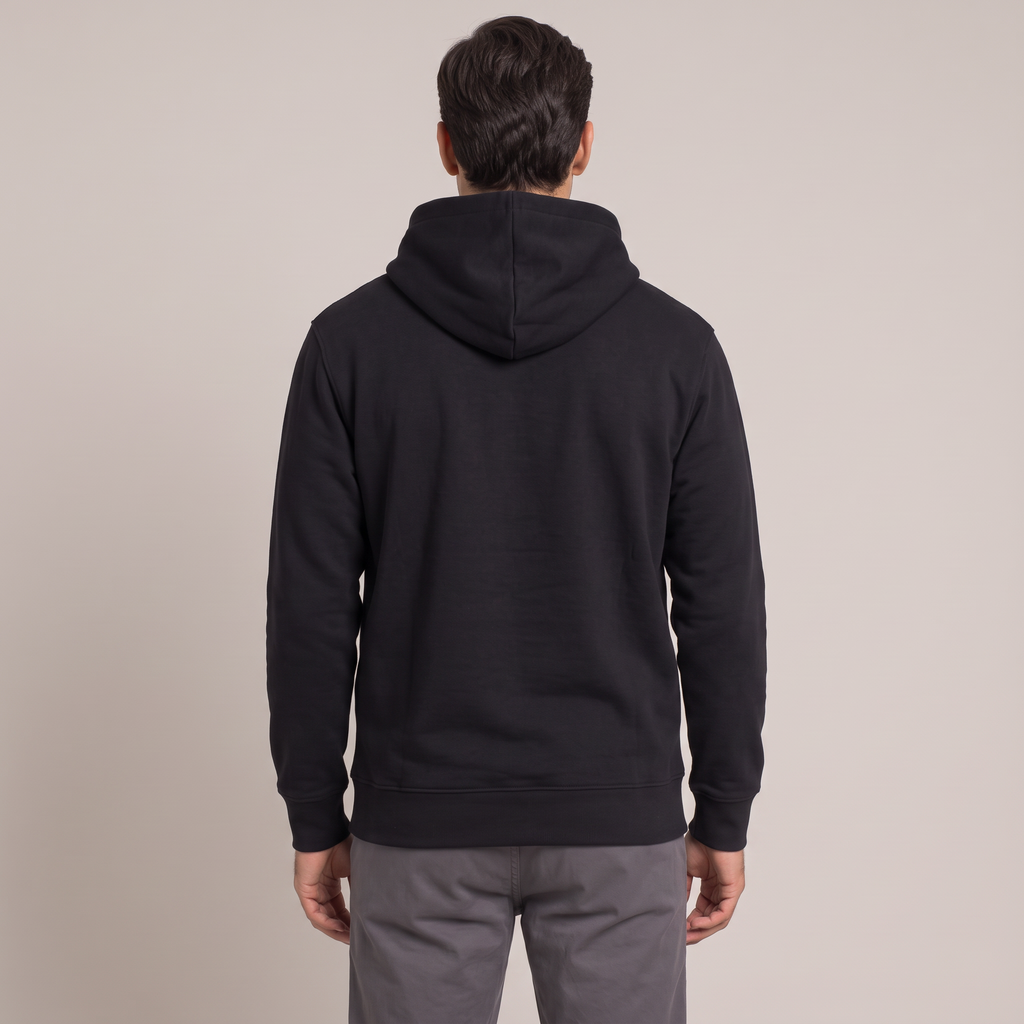 Men's black cotton terry hoodie, back view