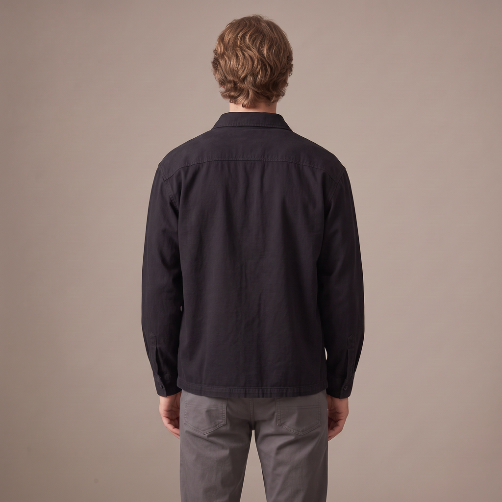 Men's washed cotton overshirt in black, back view