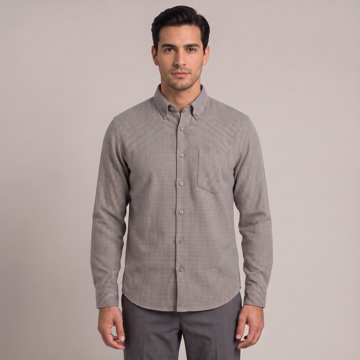 Men's houndstooth shirt in grey, front view