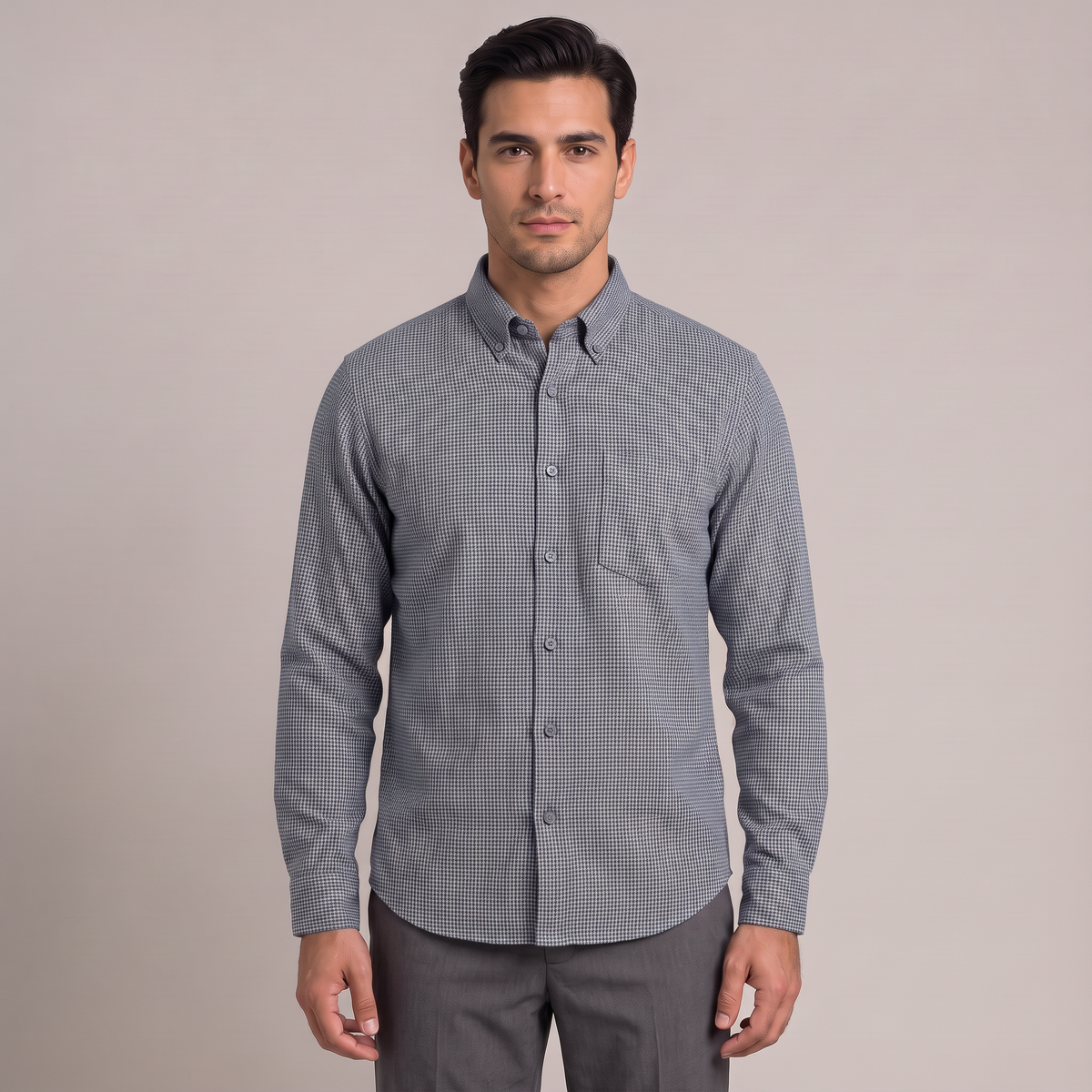 Men's houndstooth shirt in blue, front view