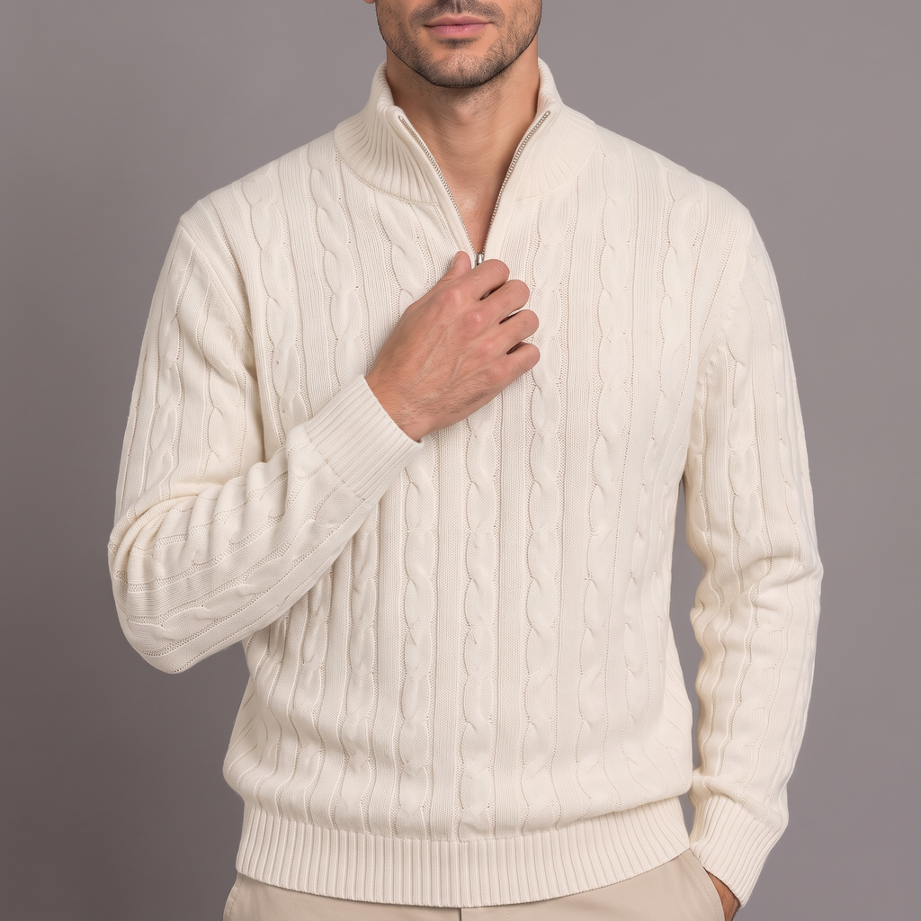 Men's cable knit half-zip jumper in cream, cable and collar detail