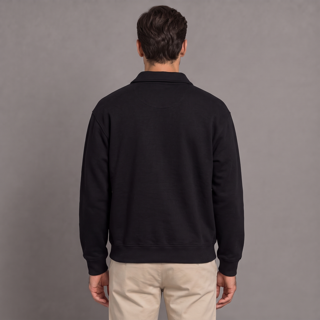 Men's quarter zip sweatshirt in black, back view