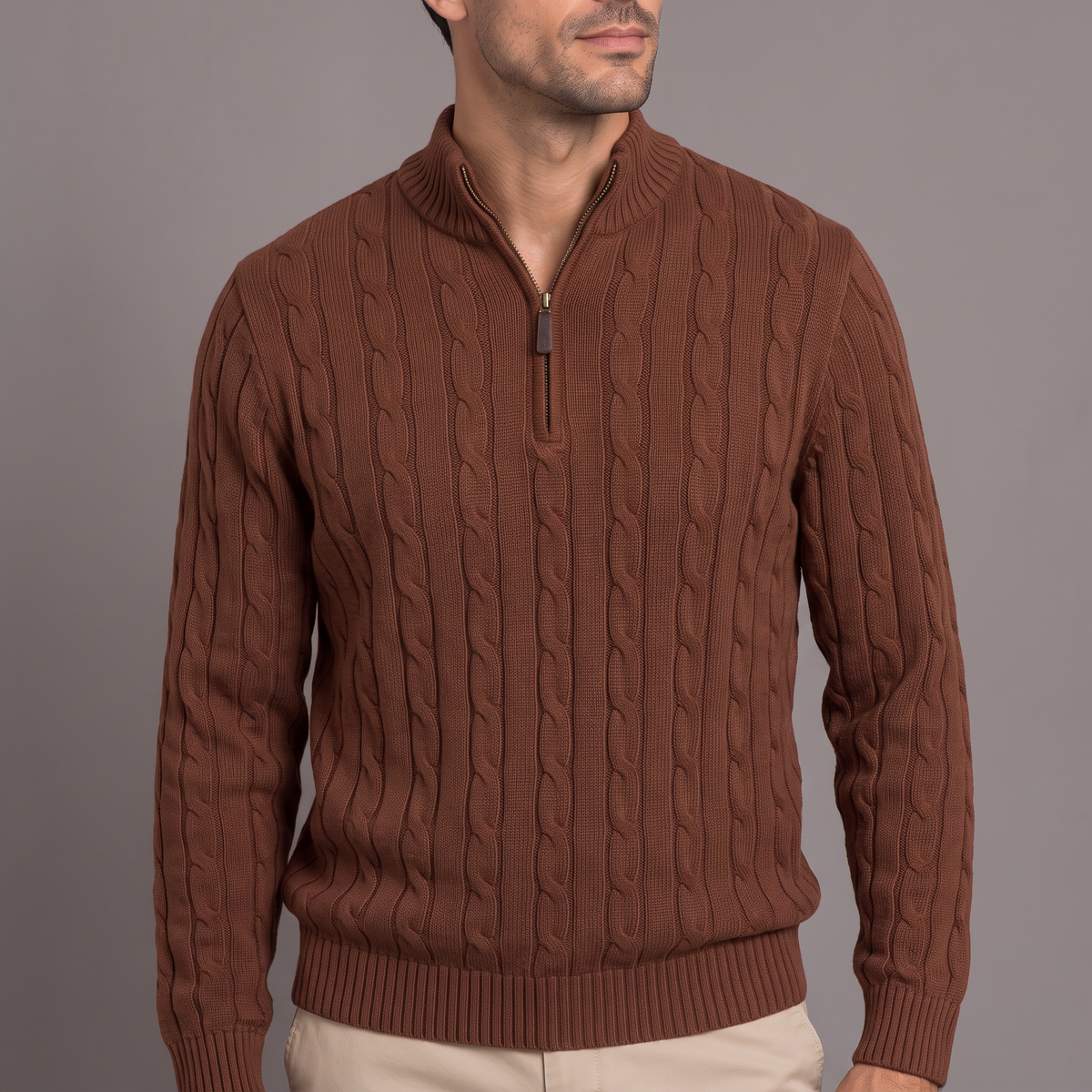 Men's cable knit half-zip jumper in brown, collar and zip detail