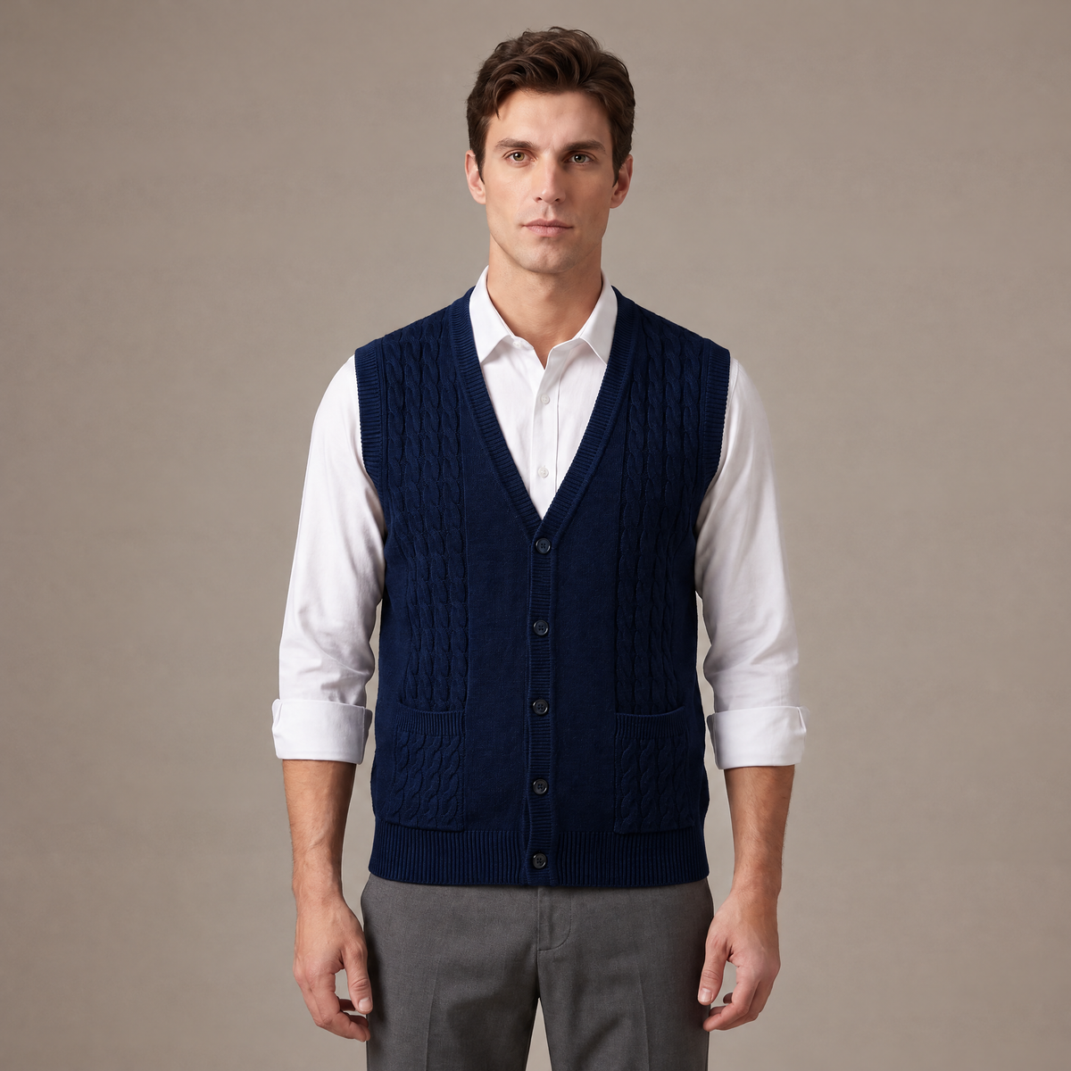 Men's warm knitted sleeveless vest in navy