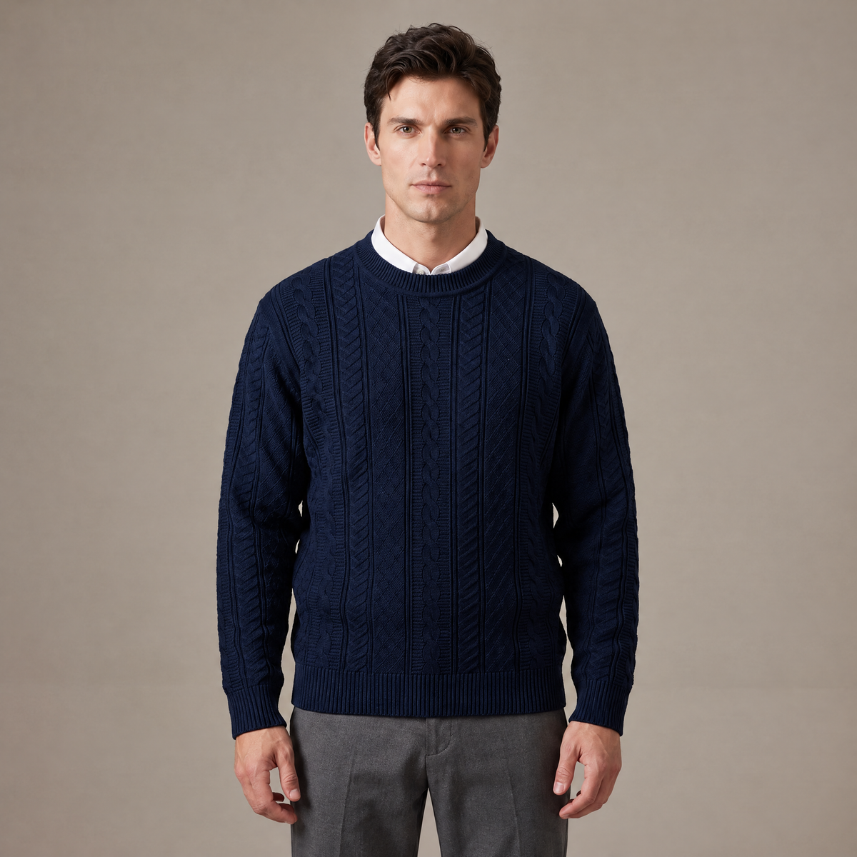 Men's cotton cable knit crew neck jumper in navy