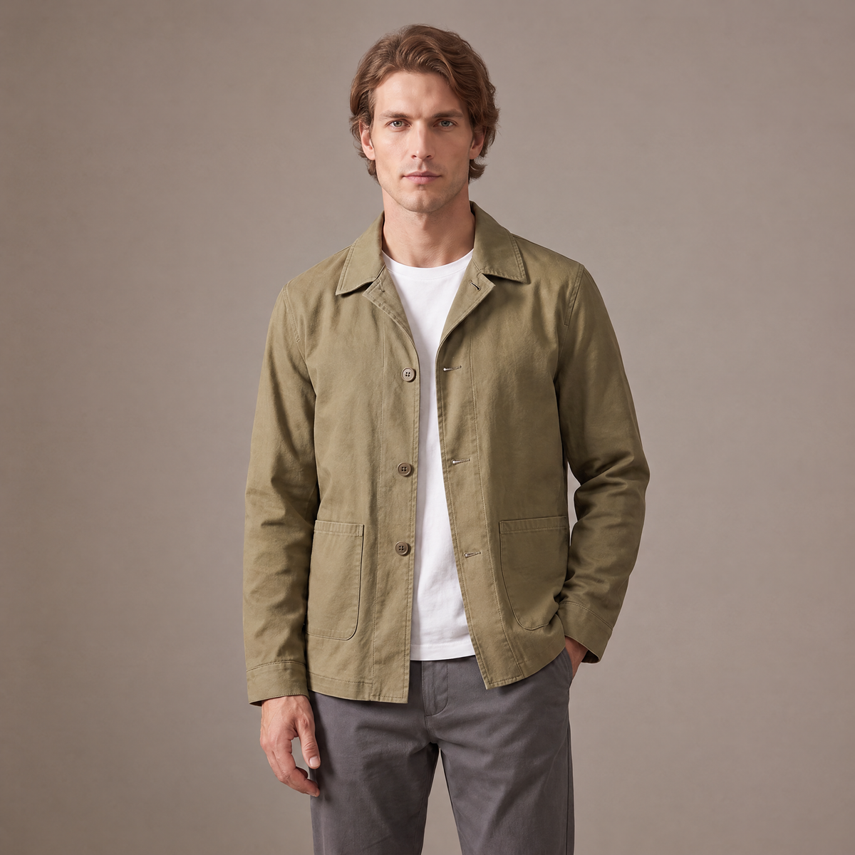 Men's cotton lapel collar jacket in khaki