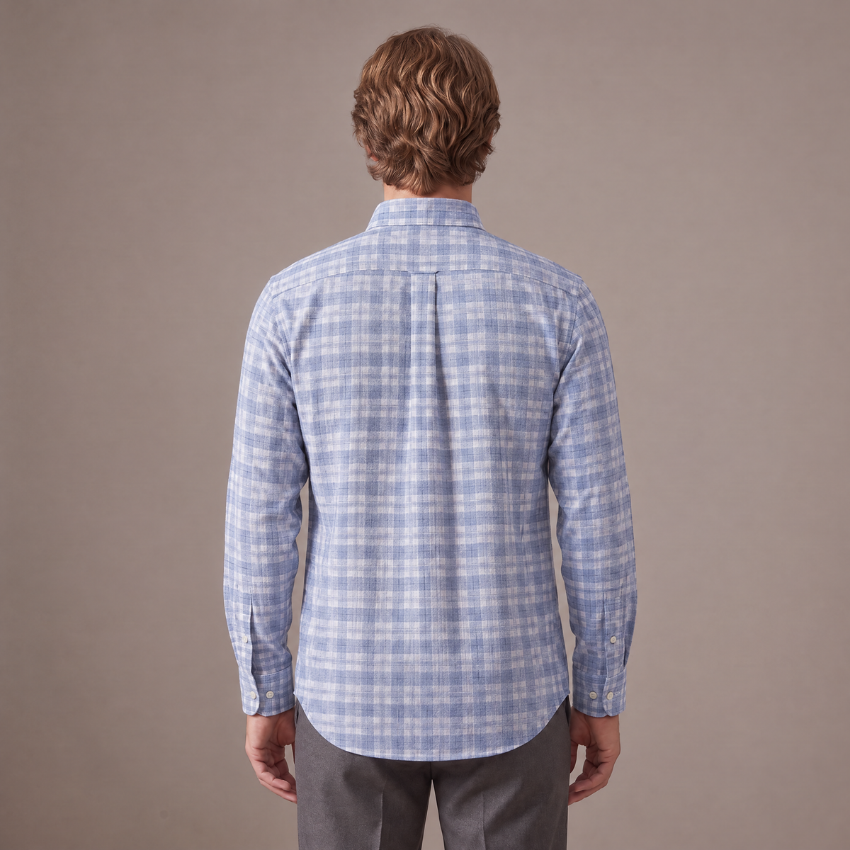 Men's brushed cotton flannel shirt in light blue check, back view