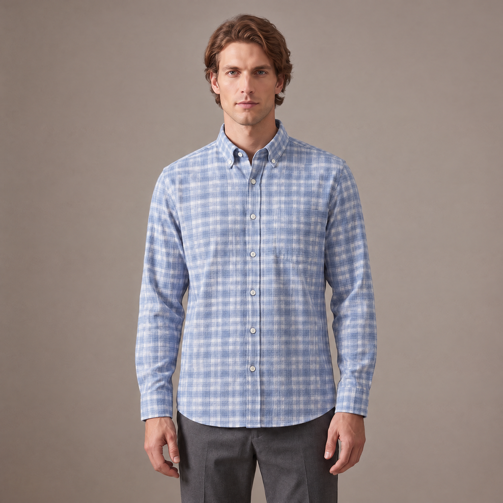 Men's brushed cotton flannel shirt in light blue check, front view