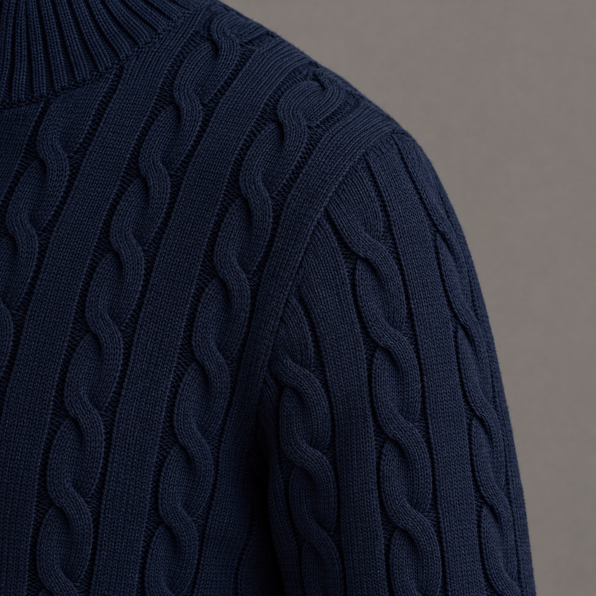 Men's cable knit half-zip jumper in navy, shoulder and cable detail