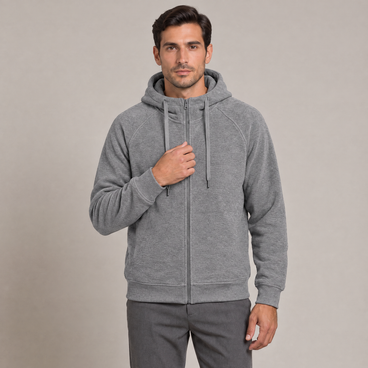 Men's grey zip-up hoodie in brushed fleece, front view