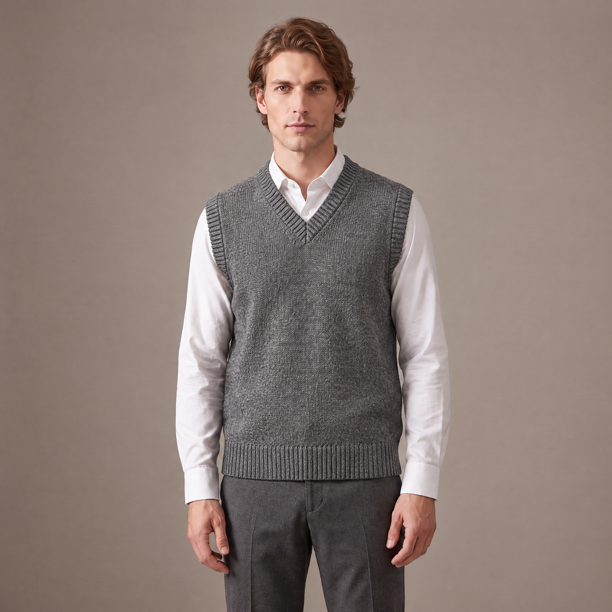 Men's thick wool V-neck knitted vest in grey