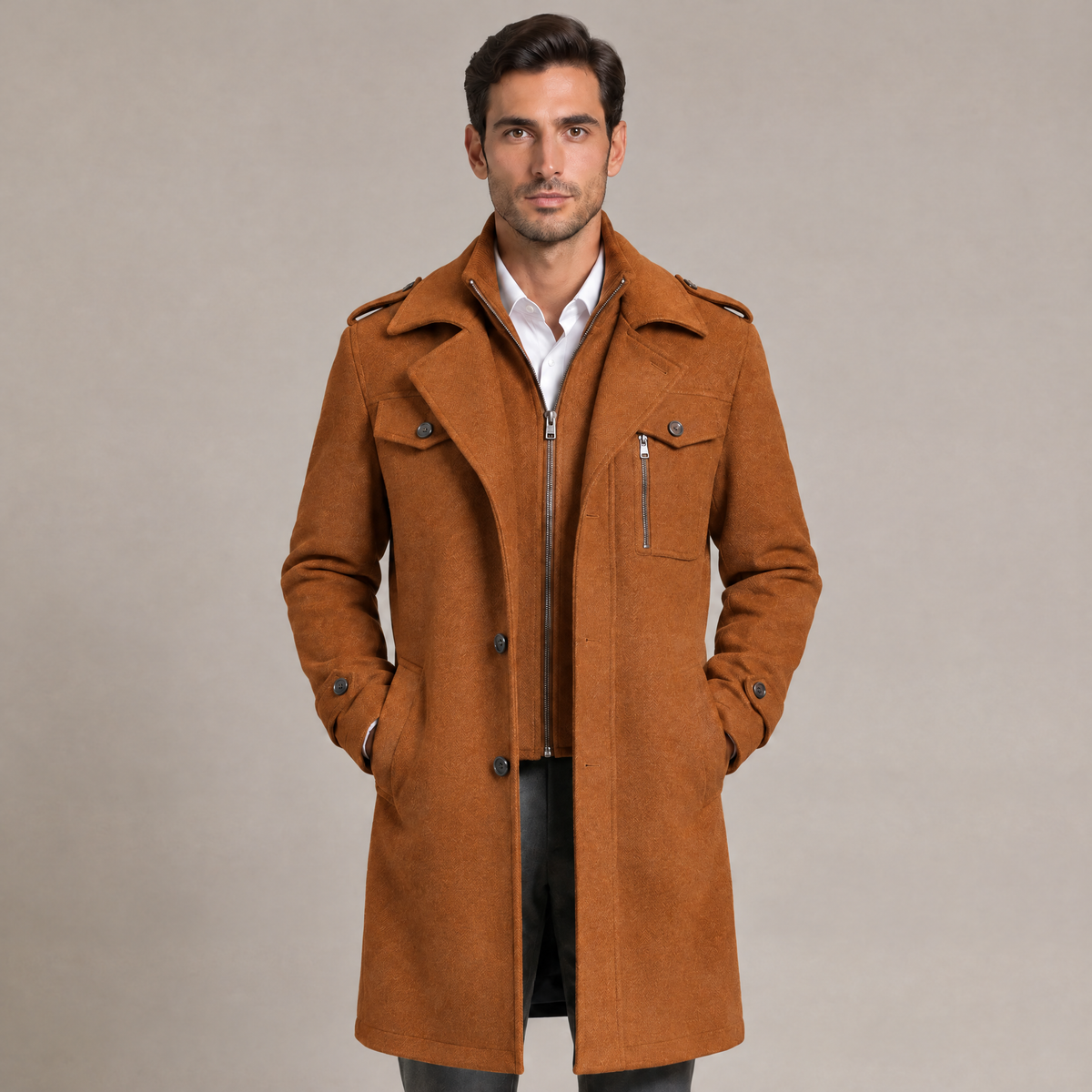 Men's double collar overcoat in camel